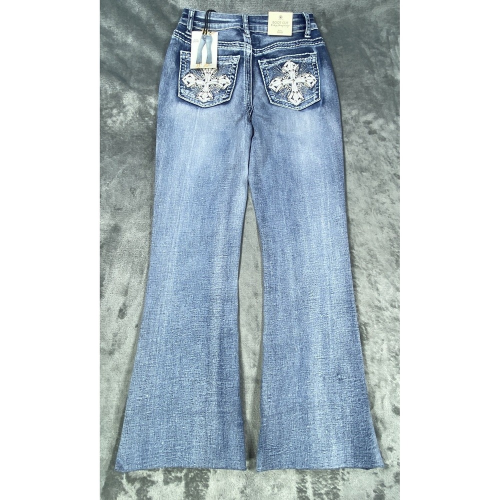 NEW Love Soho Bootcut Denim Jeans Womens 5 Mid Waist Whisker Light Wash Faded
